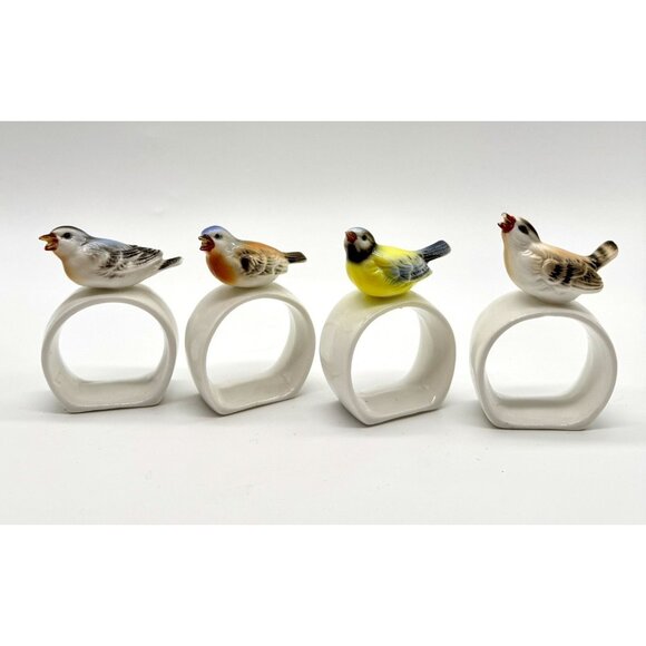 Bone China Bird Napkin Rings Set of 4 Cottage  Boho lot Sparrow Bluebird - Picture 1 of 8